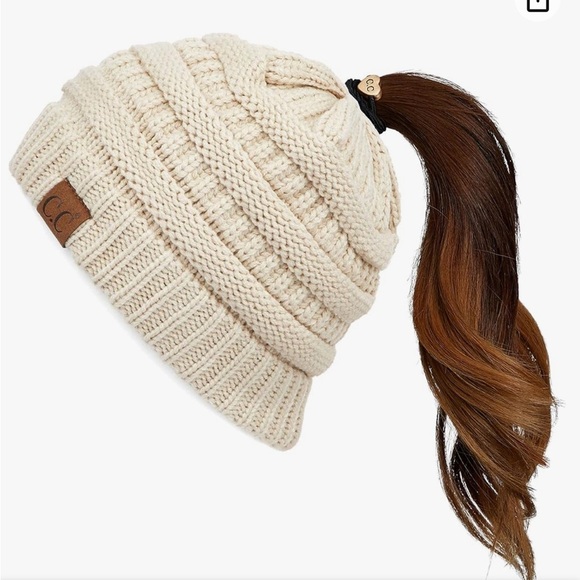 C.C Soft‎ Stretch Messy Bun Ponytail Beanie And C.C Mixed Color Boucle Scarf Set - Picture 7 of 10